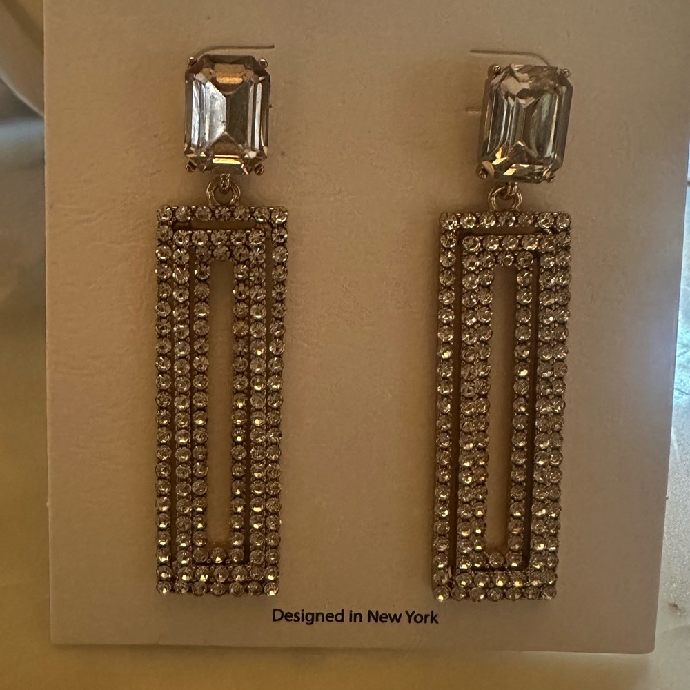 Glamorous Silver Crystal Rectangle Earrings